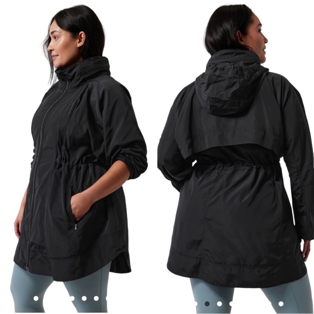 Athleta Drip Drop Rain Jacket Mid Length Cinch Waist Hood Black